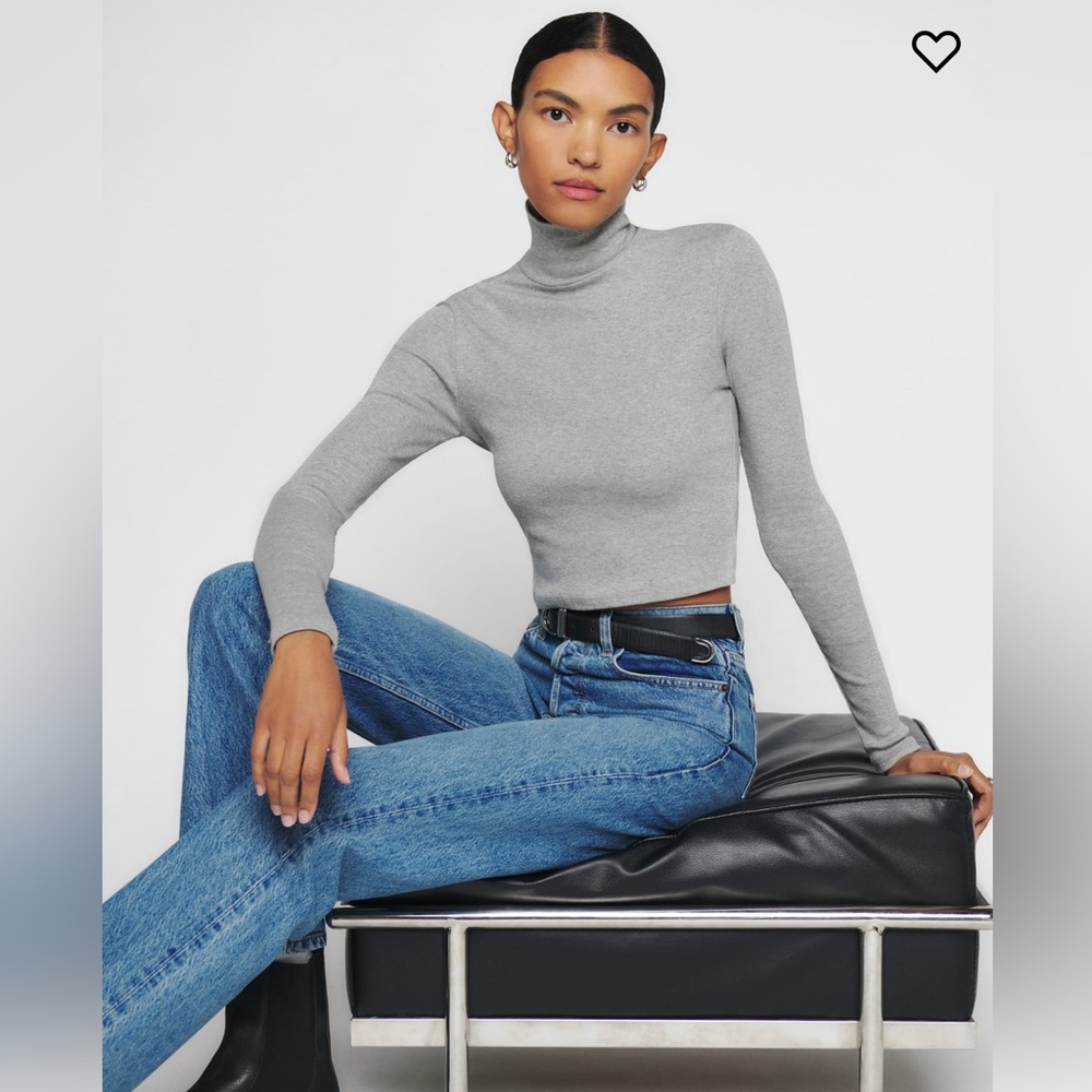 Reformation Davy Cropped Ribbed Turtleneck Tee Size 00 color Heather Grey